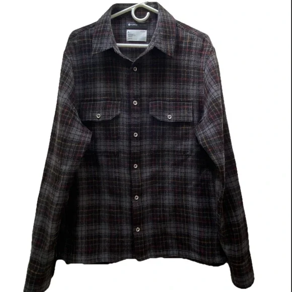 PURPLE-BRAND | 100% Wool Button Down Flannel Plaid Shirt Large - Picture 4 of 16